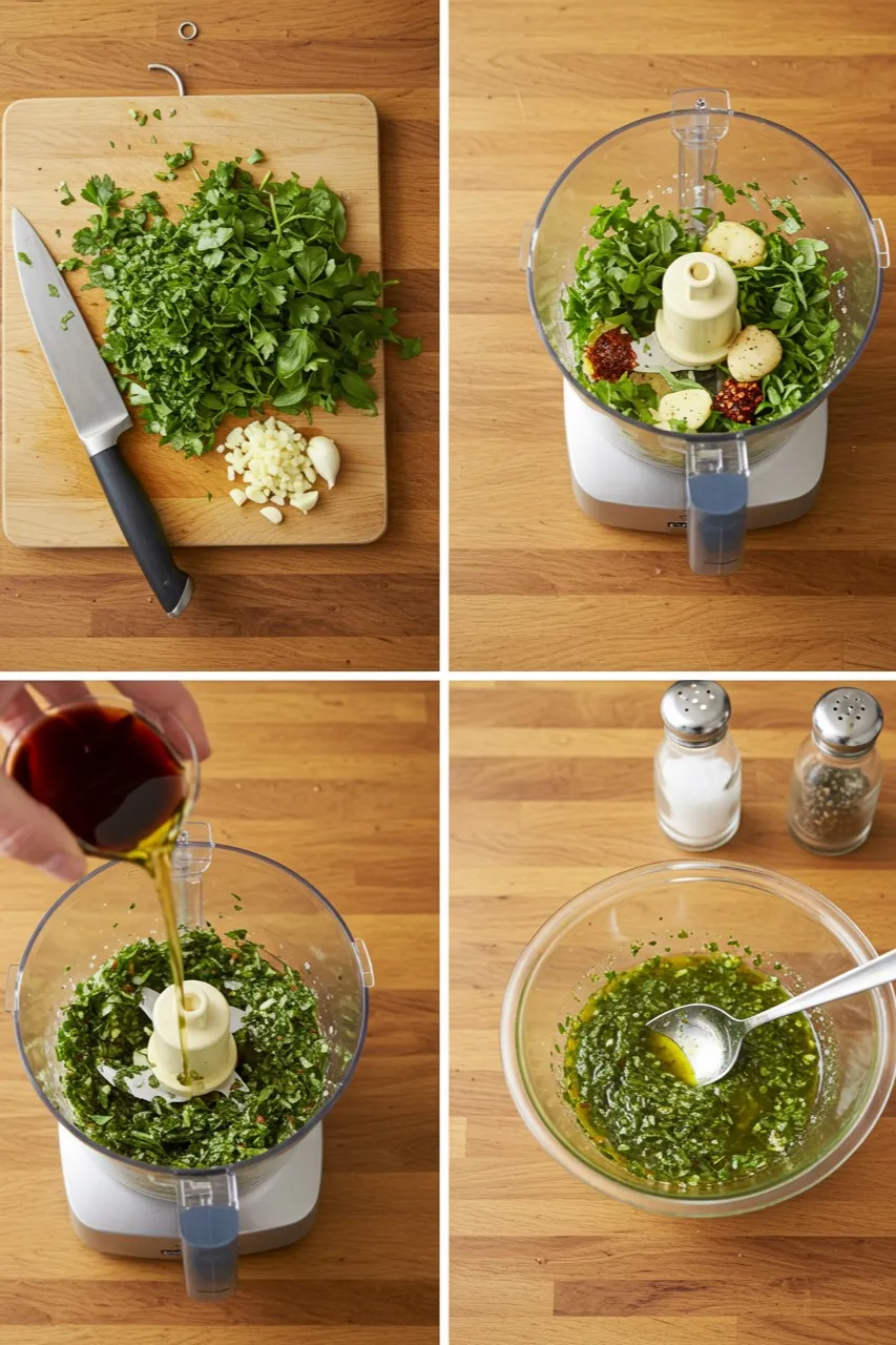 Step-by-step process of making chimichurri sauce with herbs, garlic, and olive oil