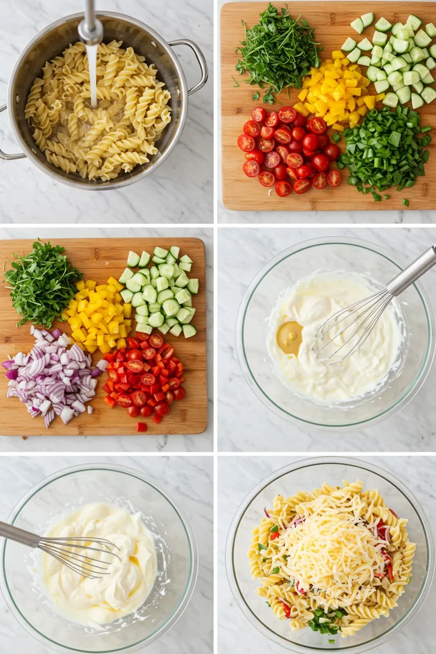 Step-by-step process of making creamy pasta salad with rotini, chopped vegetables, and creamy dressing.