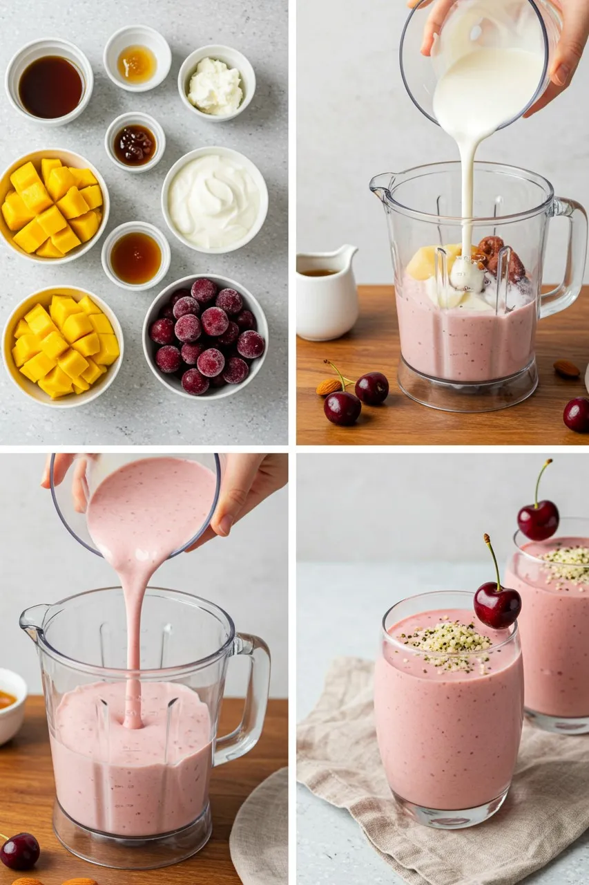 Step-by-step preparation of Mango-Cherry Protein Punch smoothie with ingredients, blending, pouring, and final glass presentation