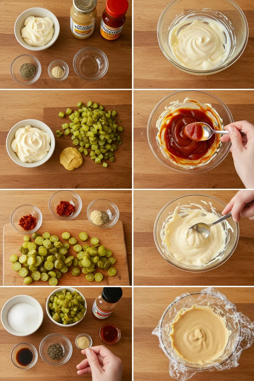 Step-by-step visuals of homemade smash burger sauce being made with fresh ingredients in a kitchen setting.