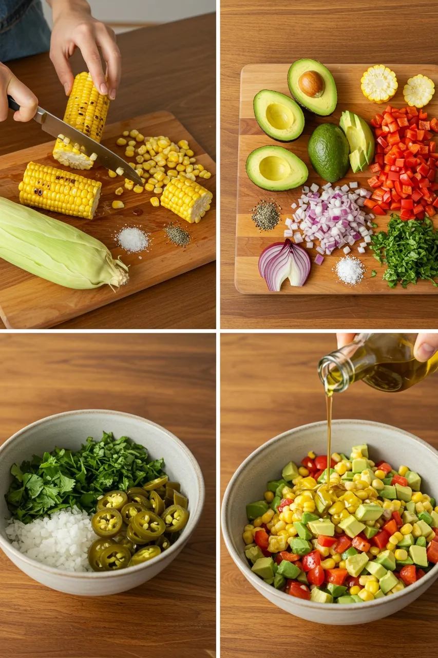 Step-by-step preparation of summer corn salad with avocado including chopping, mixing, and dressing fresh ingredients.