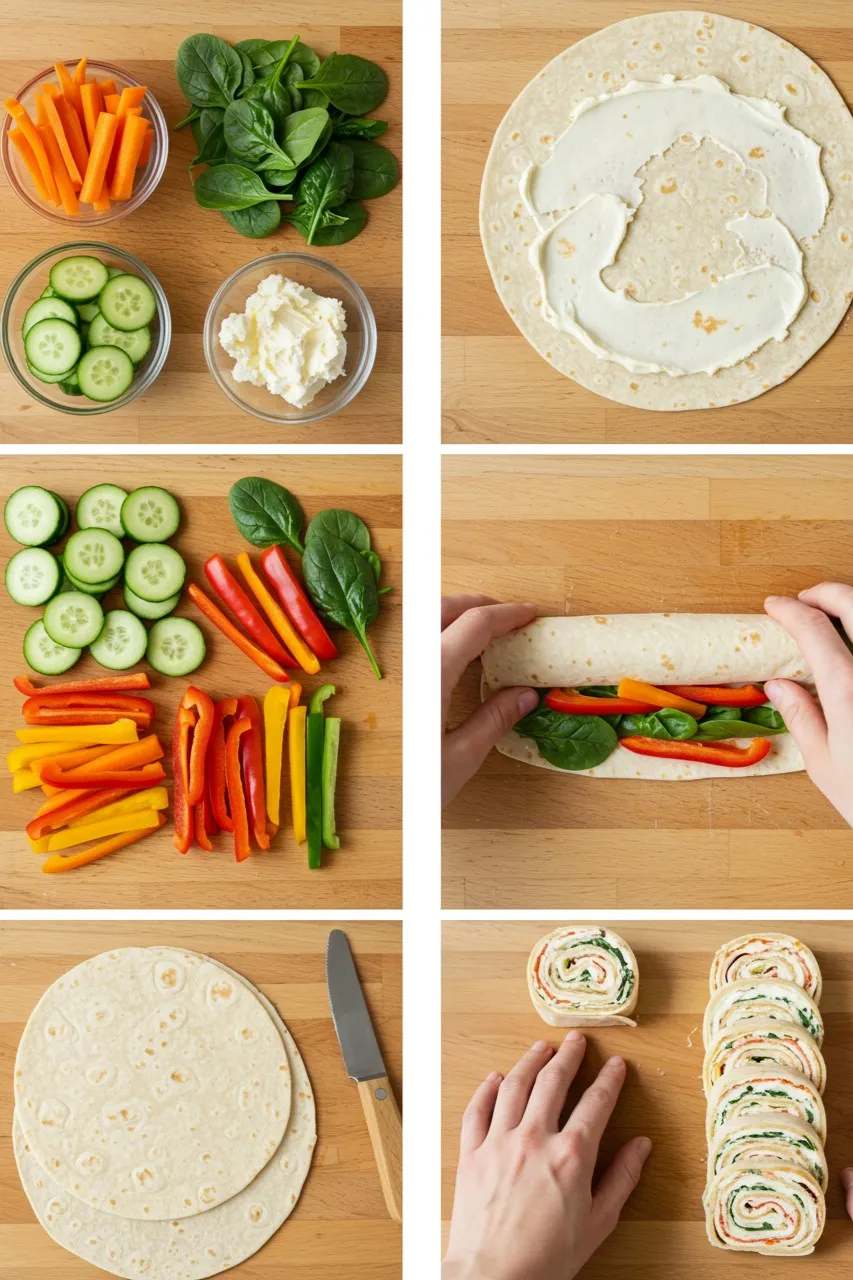 Step-by-step collage showing how to make Turkey & Veggie Pinwheels—from fresh ingredients to slicing the finished rolls.