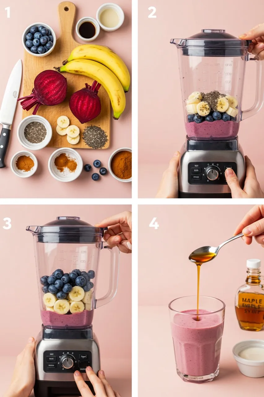 Step-by-step process of making a blueberry beet smoothie from prep to blend