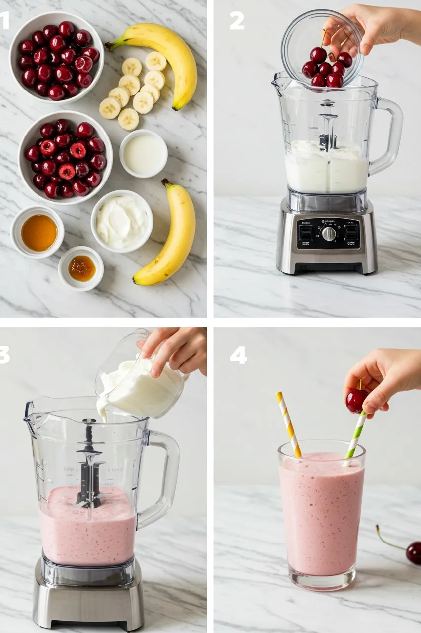 Step-by-step process of making a Cherry Vanilla Yogurt Smoothie from ingredients to finished drink.