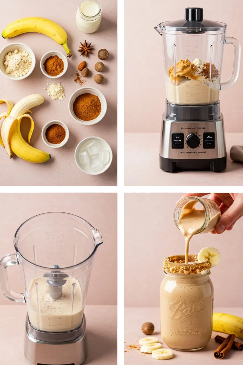 Step-by-step process making a Cinnamon-Bun Protein Shake