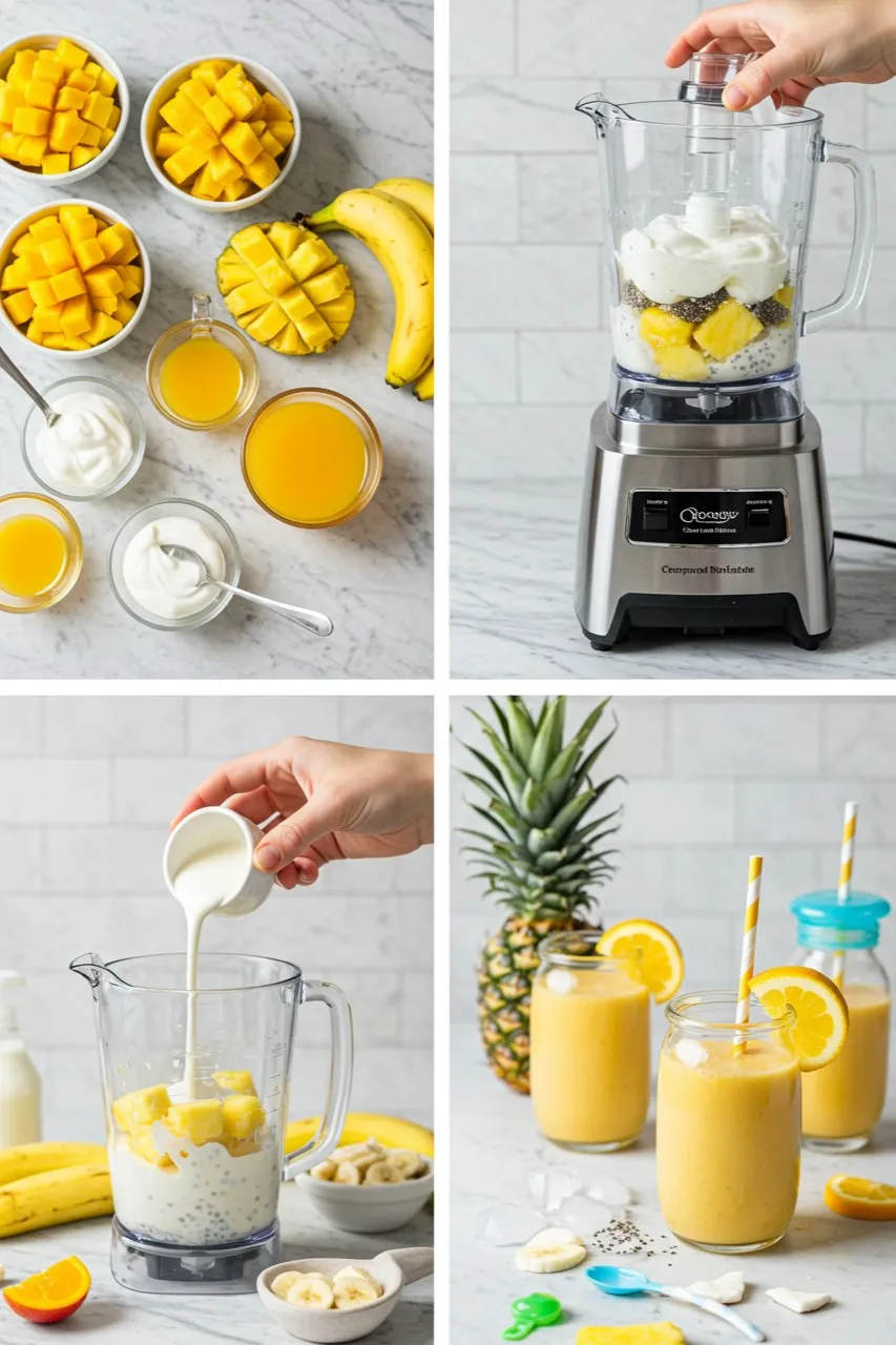 Step-by-step collage showing how to make a Tropical Mango Pineapple Splash smoothie