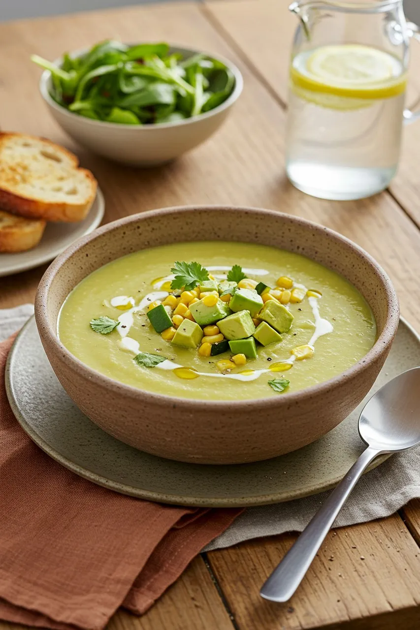 Serving corn zucchini soup with bread and salad