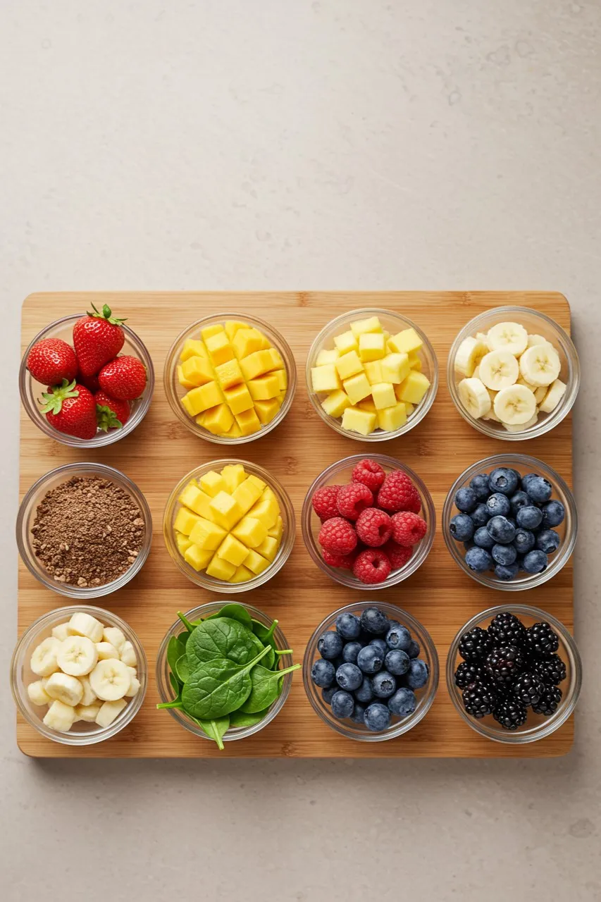Flatlay of fresh fruits for rainbow smoothie