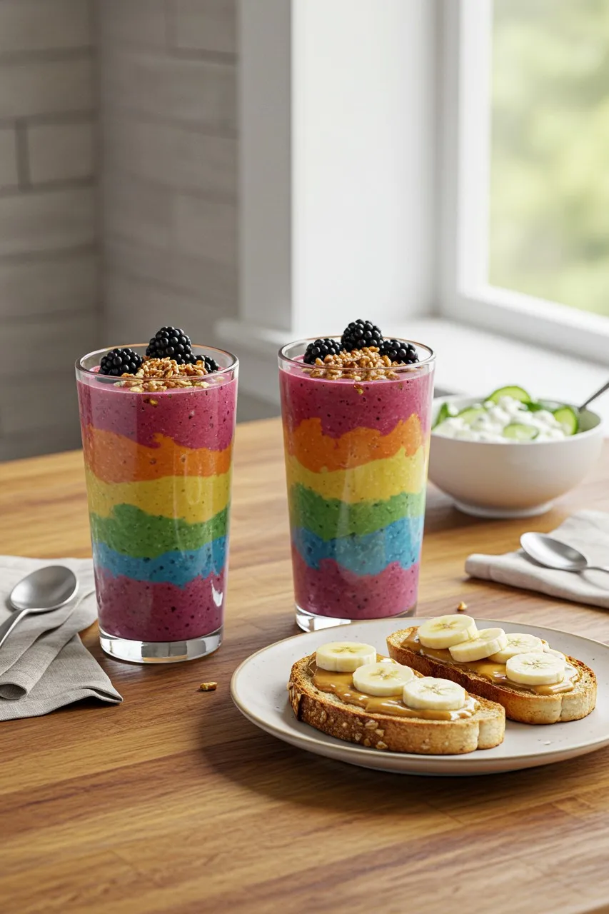 Rainbow smoothie served with banana toast and cucumber salad