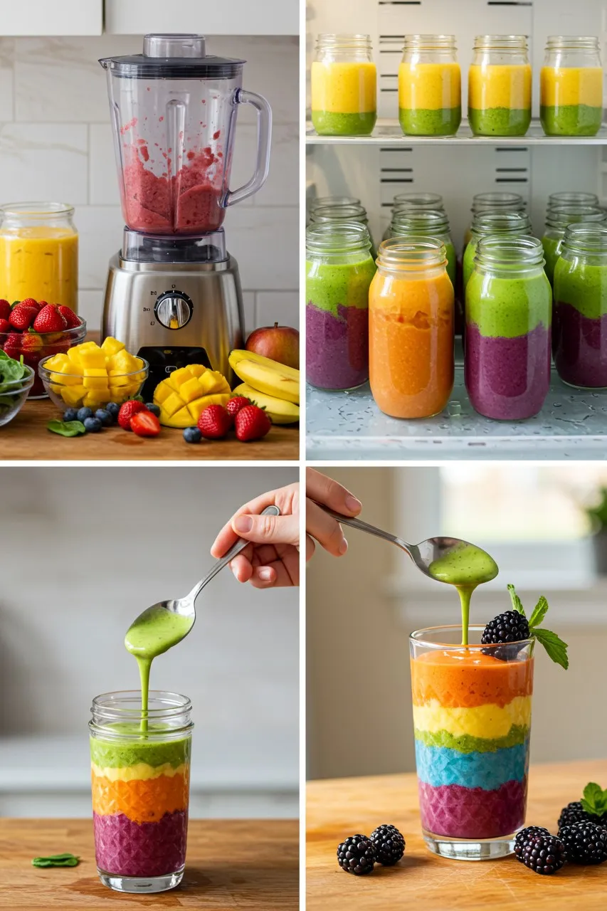 Step-by-step process of making a rainbow smoothie