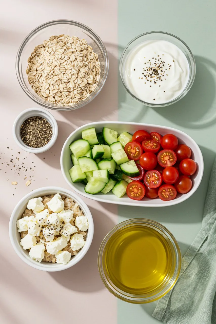 Flatlay of ingredients for Greek salad overnight oats