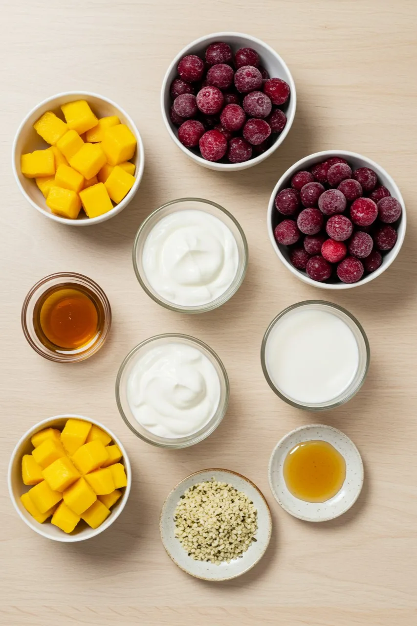 Flatlay of ingredients for Mango-Cherry Protein Punch including mango, cherries, yogurt, almond milk, honey, and hemp seeds