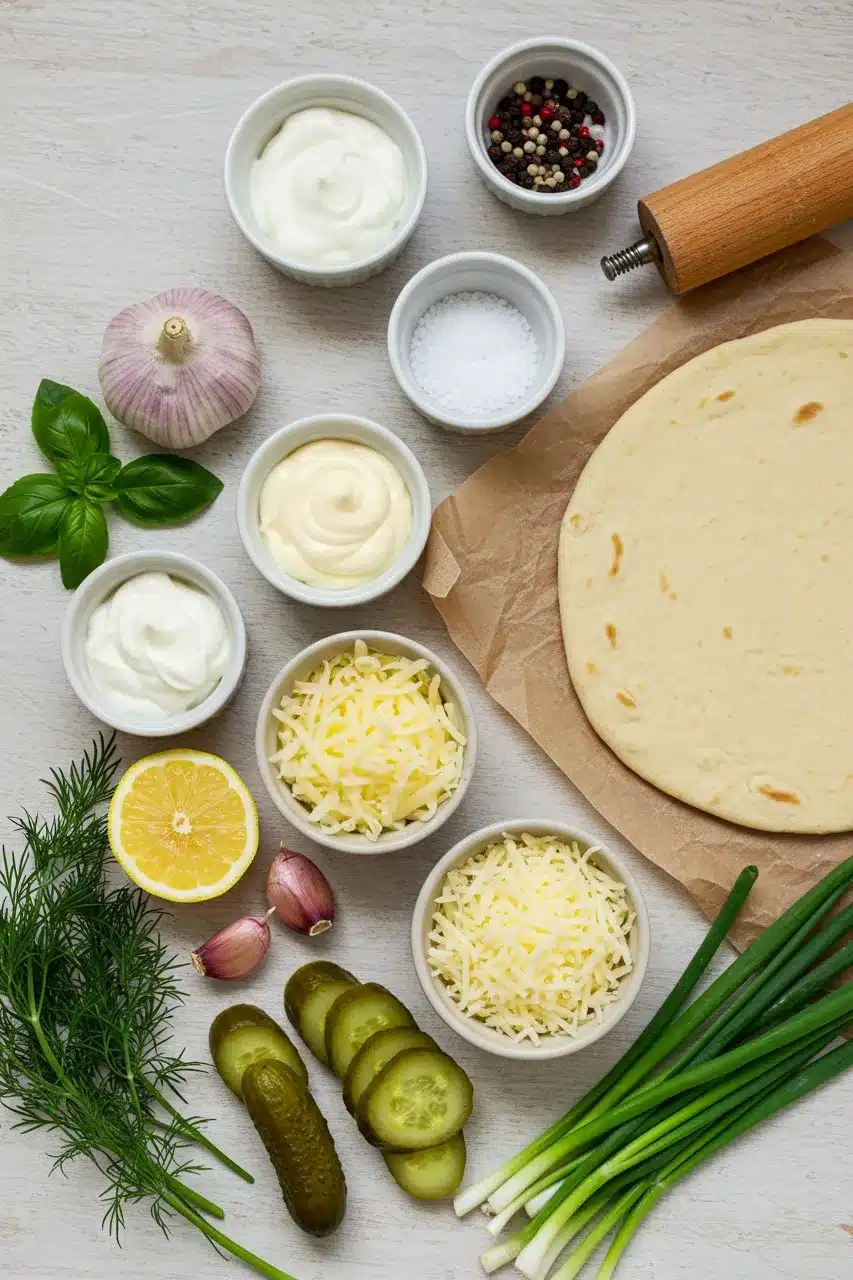 Ingredients for Pickle Pizza with Garlic Sauce