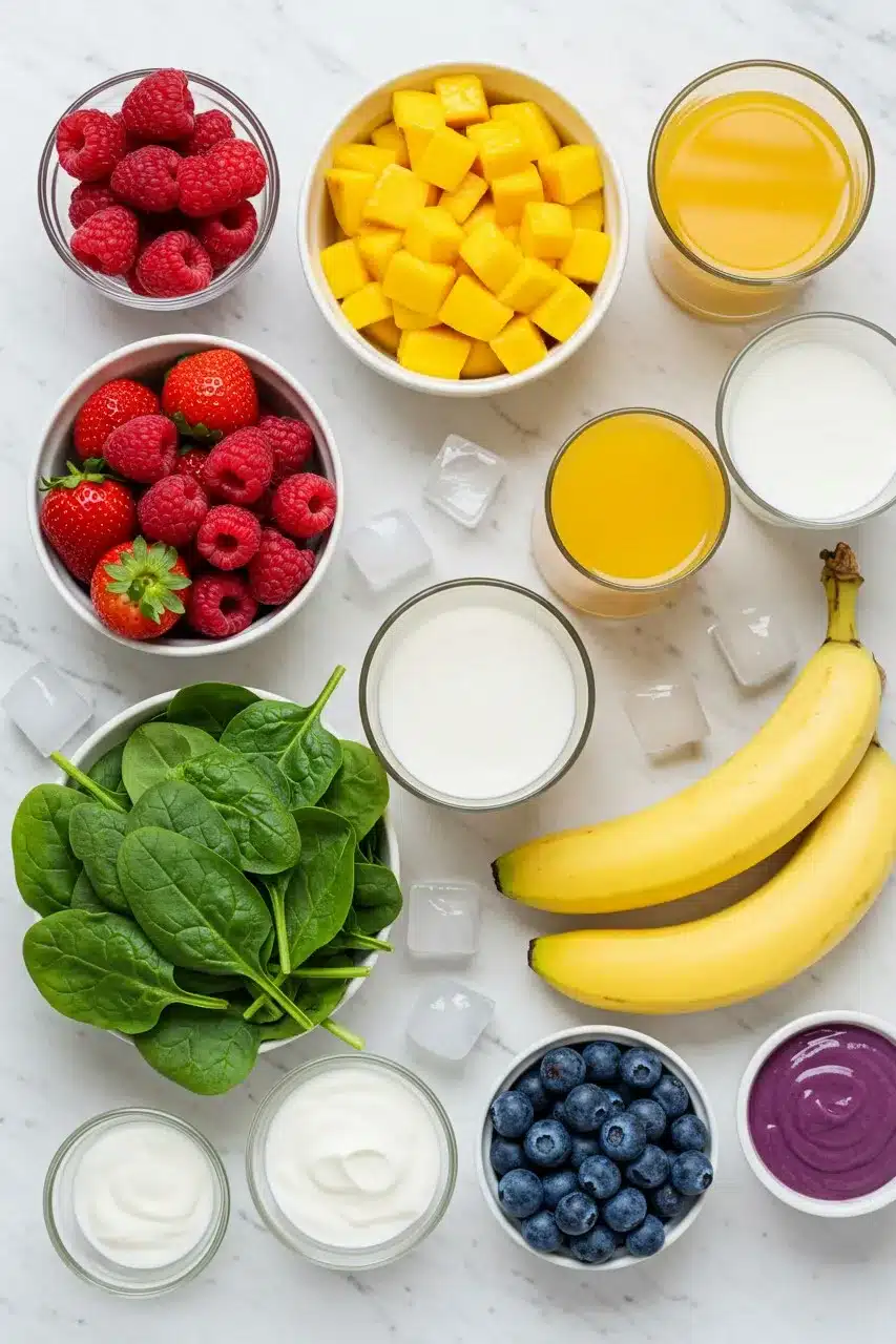 Fresh ingredients for rainbow layered fruit smoothie including berries, mango, banana, spinach, and yogurt on a white surface.