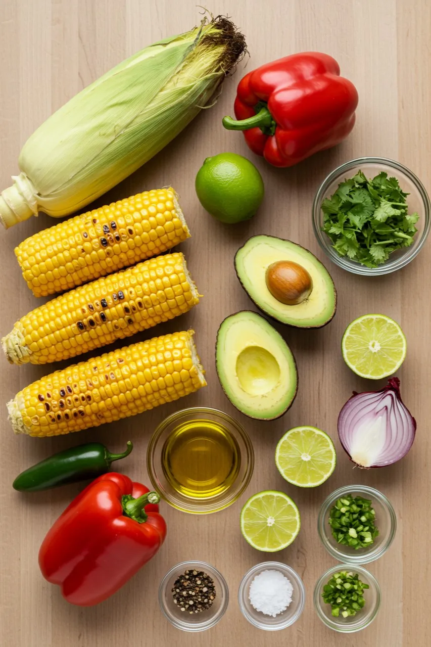 Fresh ingredients for making summer corn salad with avocado laid out on a wooden surface.