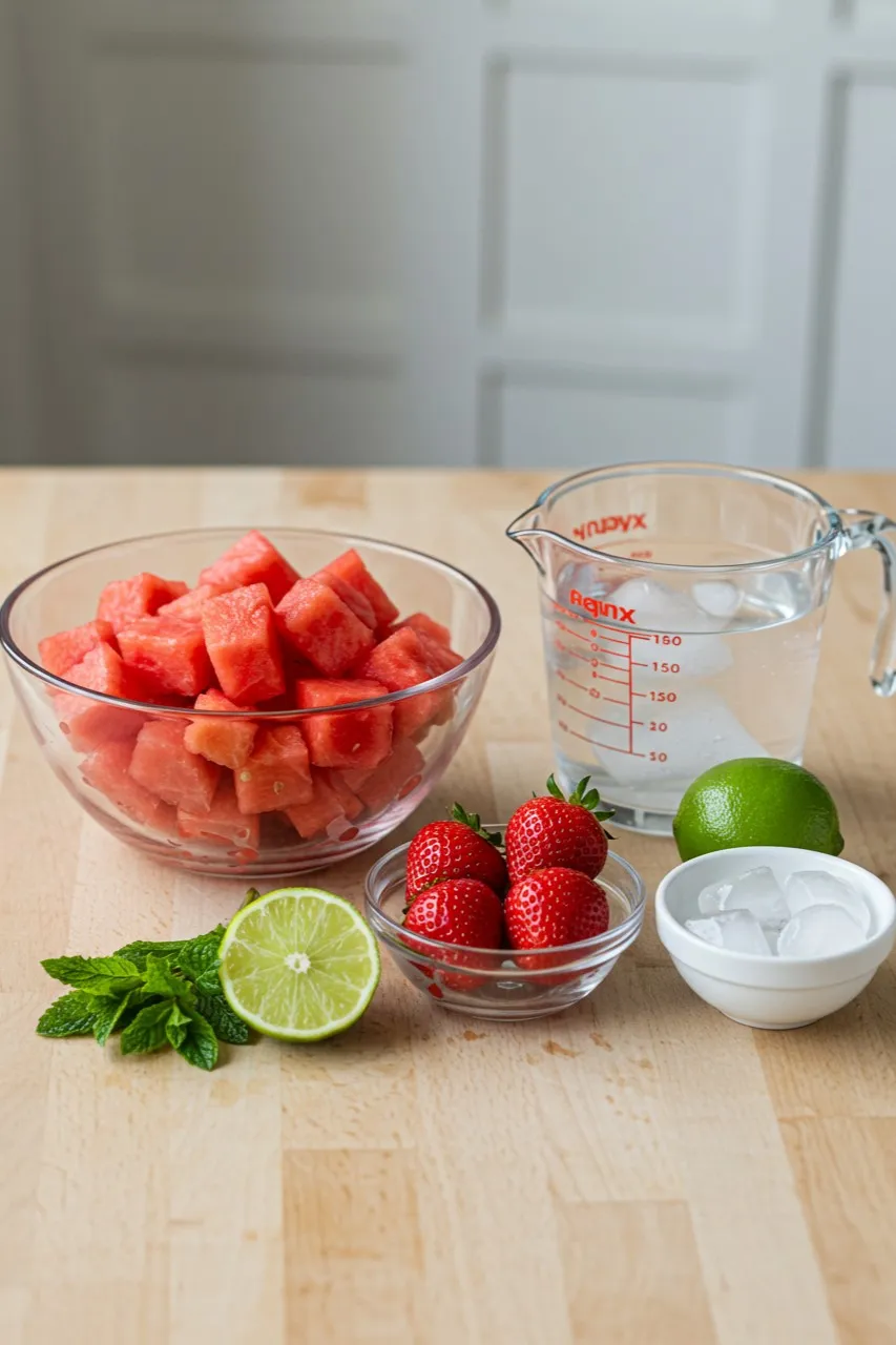 Fresh ingredients for making a Watermelon Strawberry Coconut Cooler on a wooden table