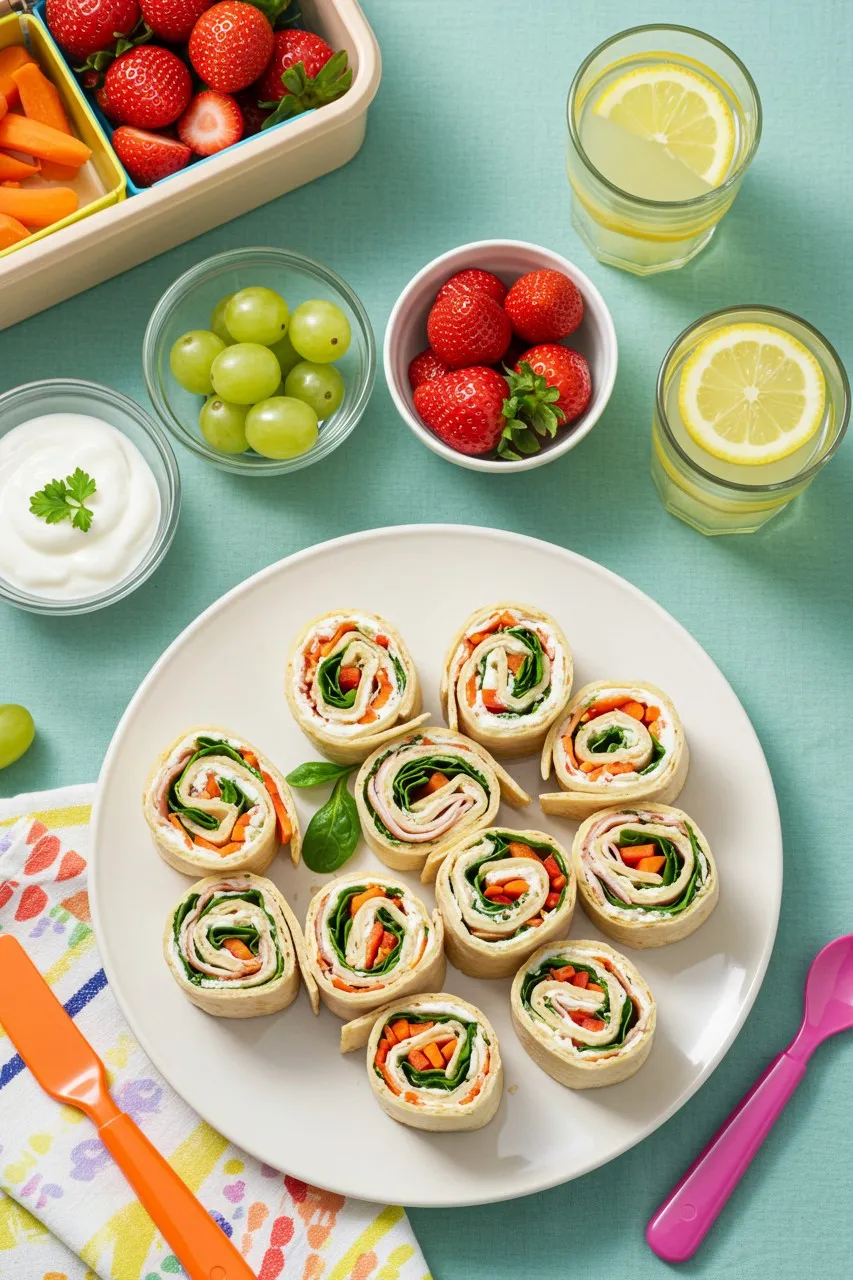 Turkey & Veggie Pinwheels served on a white plate with yogurt, strawberries, grapes, lemon drinks, and a lunchbox—ideal summer lunch for kids.