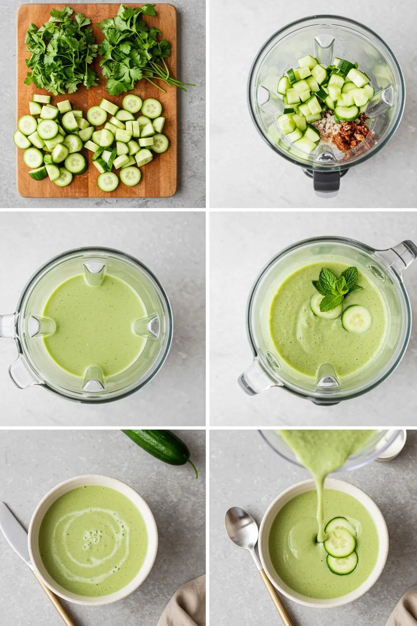Step-by-step images of cucumber mint soup preparation