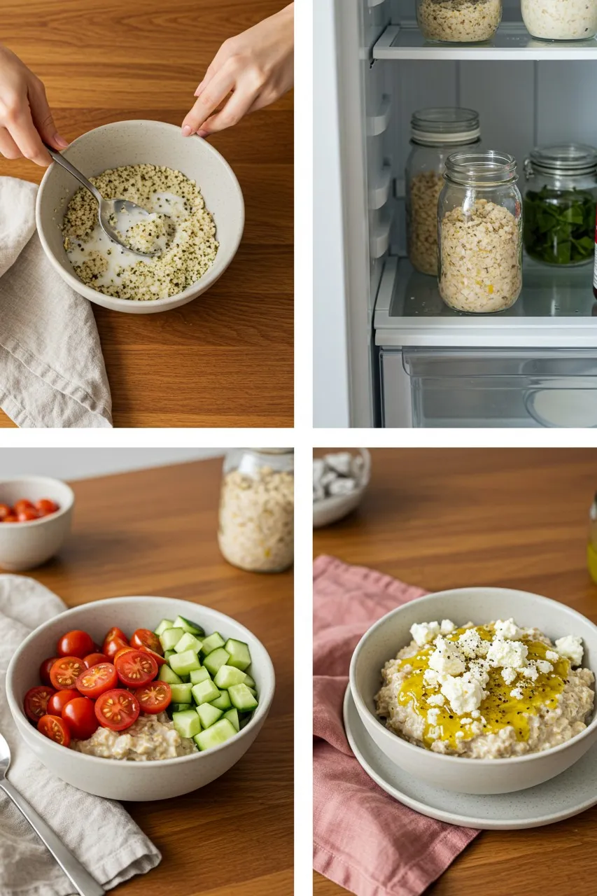Step-by-step images for Greek salad overnight oats