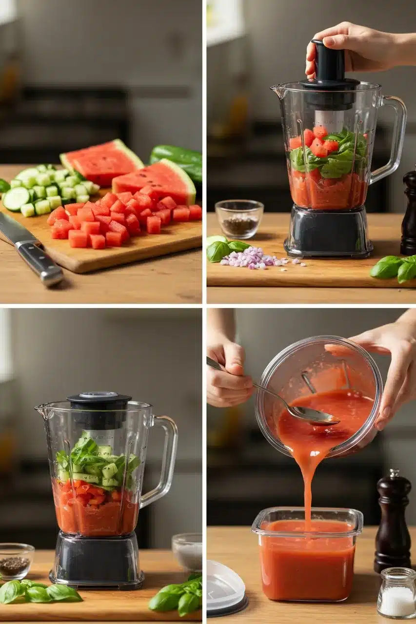 Step-by-step making of watermelon basil soup