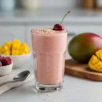 Mango-Cherry Protein Punch smoothie in a glass topped with a cherry and hemp seeds