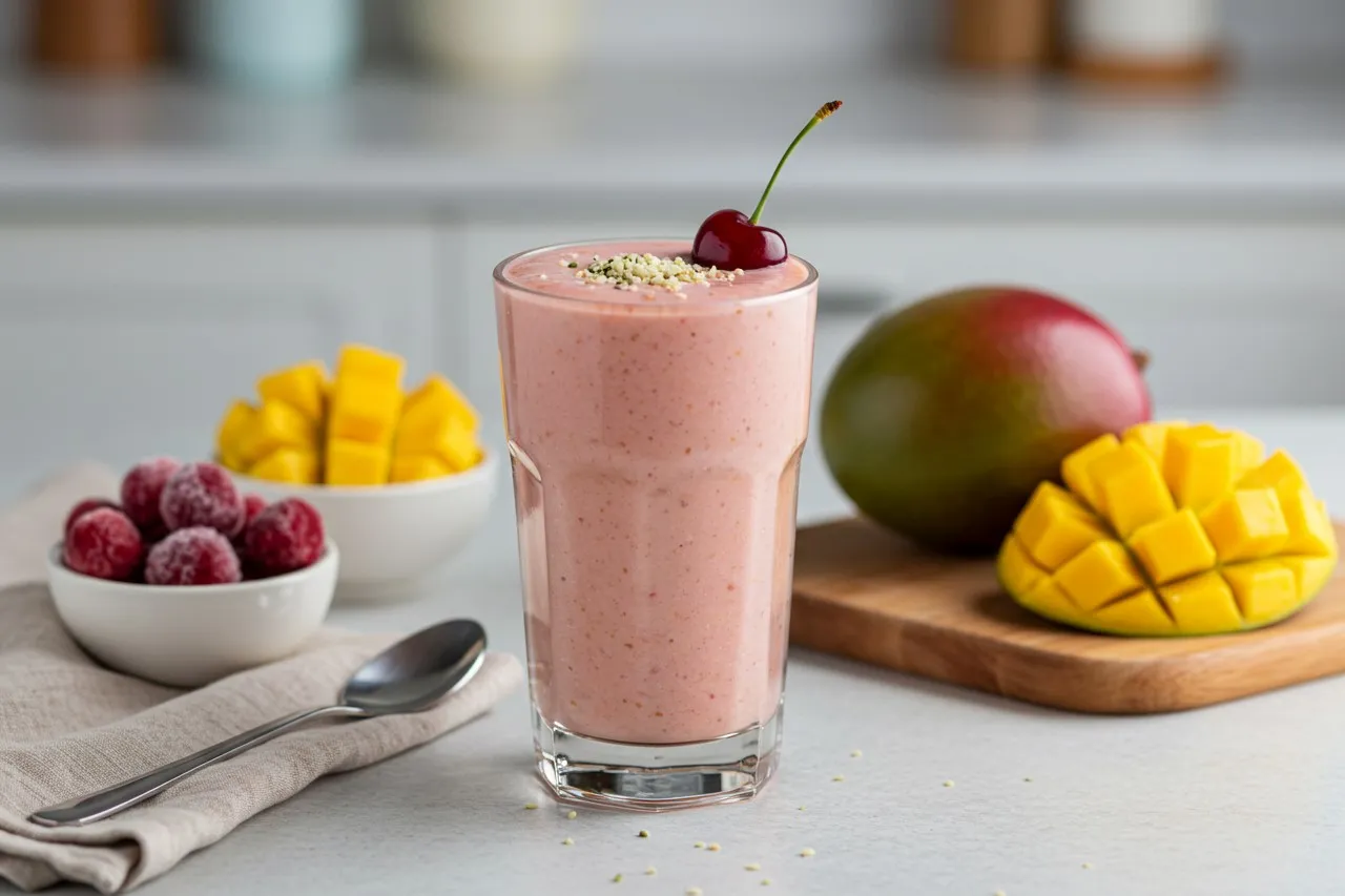Mango-Cherry Protein Punch smoothie in a glass topped with a cherry and hemp seeds