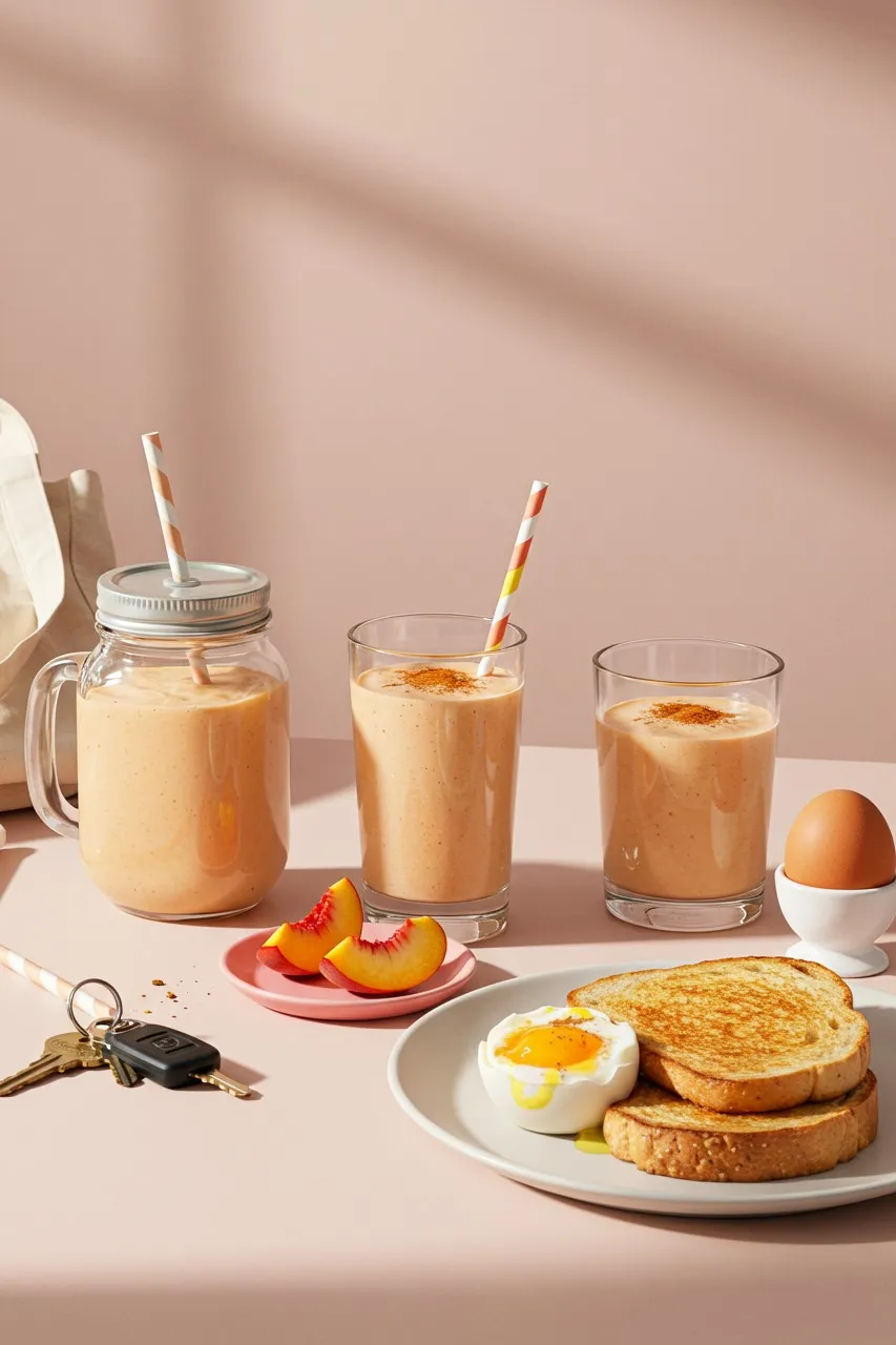 Serving options for Peach-Oat Breakfast Boost smoothie with toast and soft-boiled egg