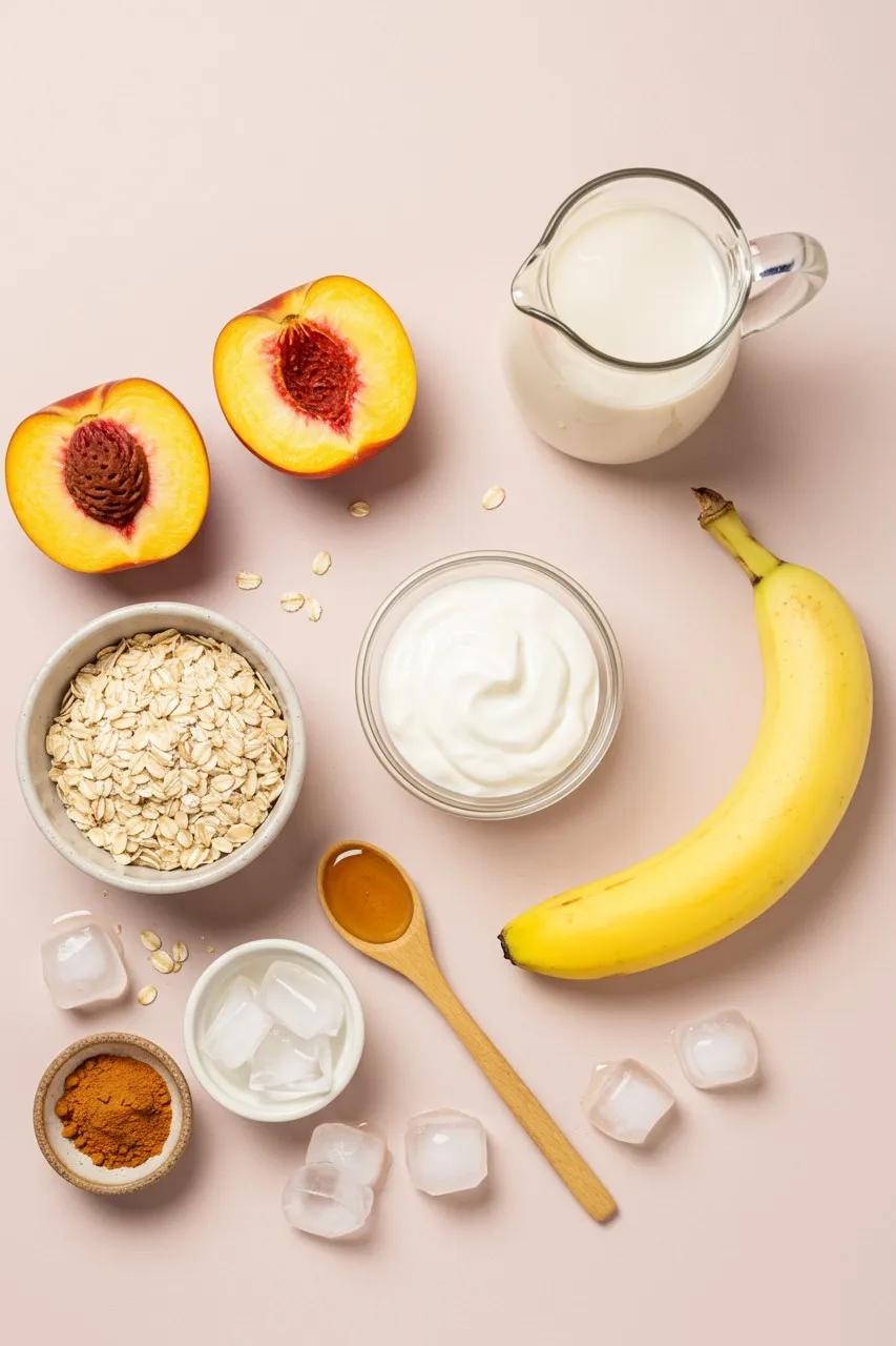 Ingredients for Peach-Oat Breakfast Boost on a soft pink surface