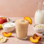 Glass of Peach-Oat Breakfast Boost with fresh fruit and ingredients