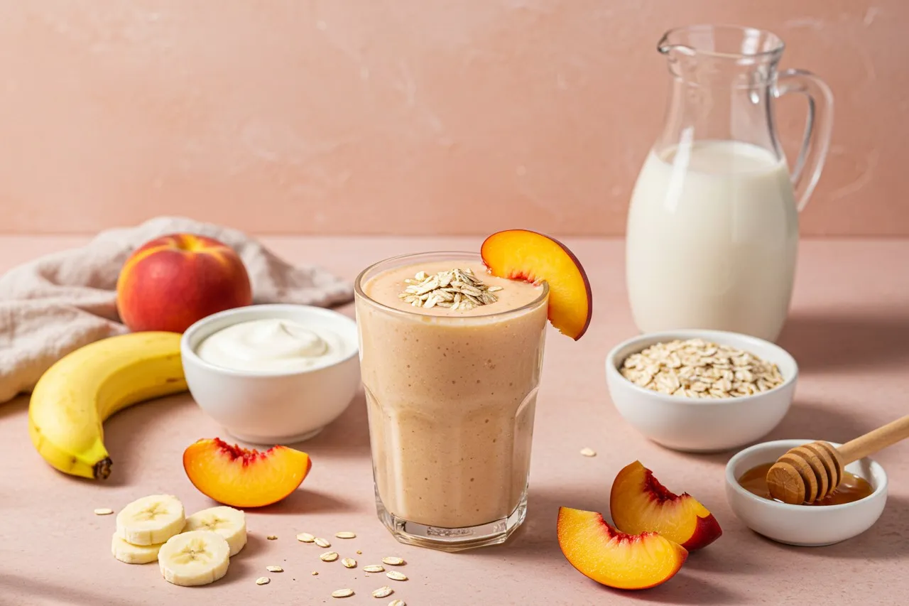 Glass of Peach-Oat Breakfast Boost with fresh fruit and ingredients