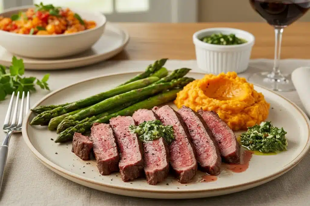 Reverse seared ribeye steak sliced to show juicy pink center