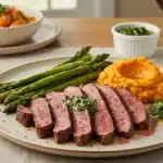 Reverse seared ribeye steak sliced to show juicy pink center