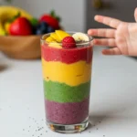 Rainbow layered fruit smoothie in a glass with distinct colorful layers and a child's hand reaching for it.