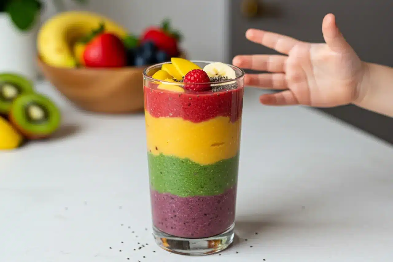 Rainbow layered fruit smoothie in a glass with distinct colorful layers and a child's hand reaching for it.
