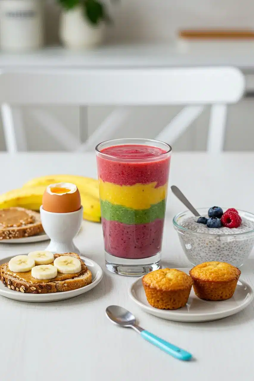 Rainbow layered fruit smoothie served with a healthy breakfast spread including toast, chia pudding, muffins, and banana.