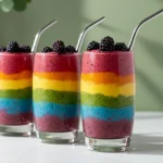 Rainbow smoothie in tall glasses with layered fruit colors