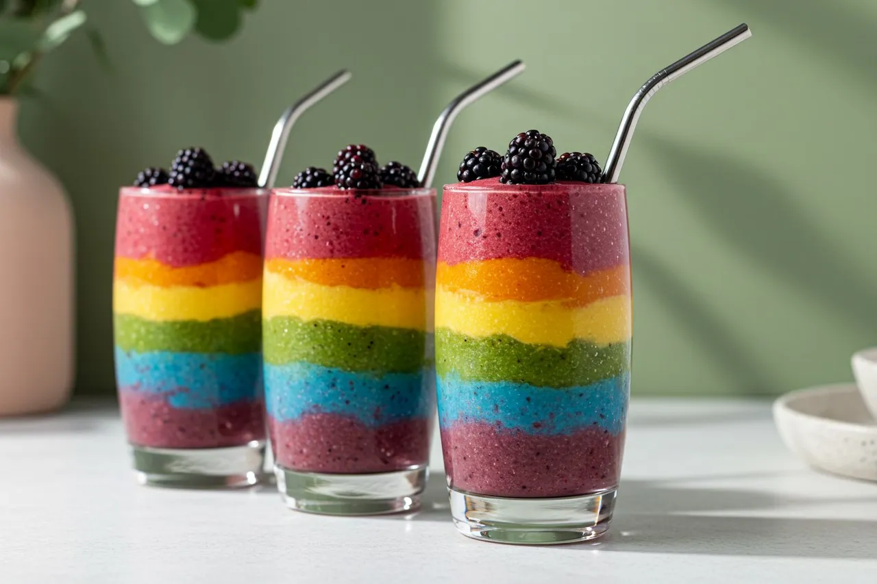 Rainbow smoothie in tall glasses with layered fruit colors
