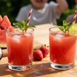 Two glasses of Watermelon Strawberry Coconut Cooler with fruit and kids in the background