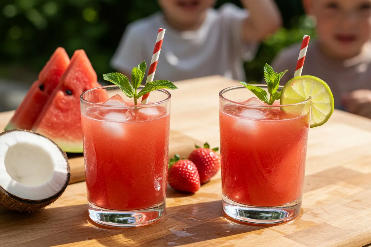 Two glasses of Watermelon Strawberry Coconut Cooler with fruit and kids in the background