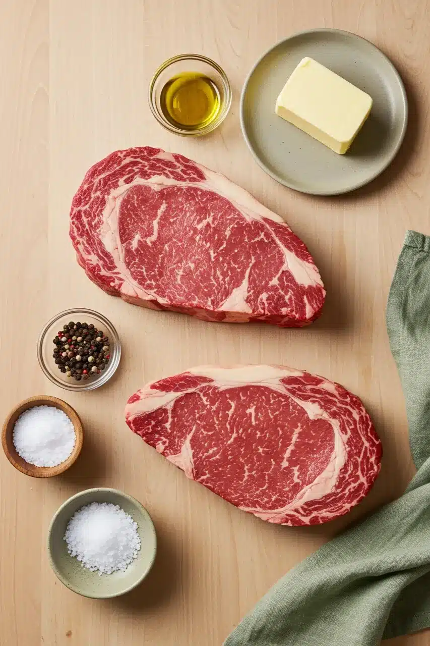 Reverse Sear Steak Ingredients Ingredients for reverse sear steak on a flatlay board