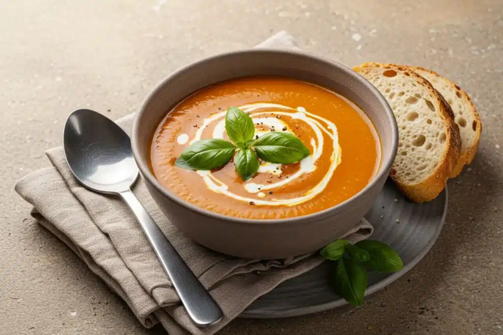 Bowl of roasted tomato soup with basil and cream.