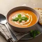 Bowl of roasted tomato soup with basil and cream.