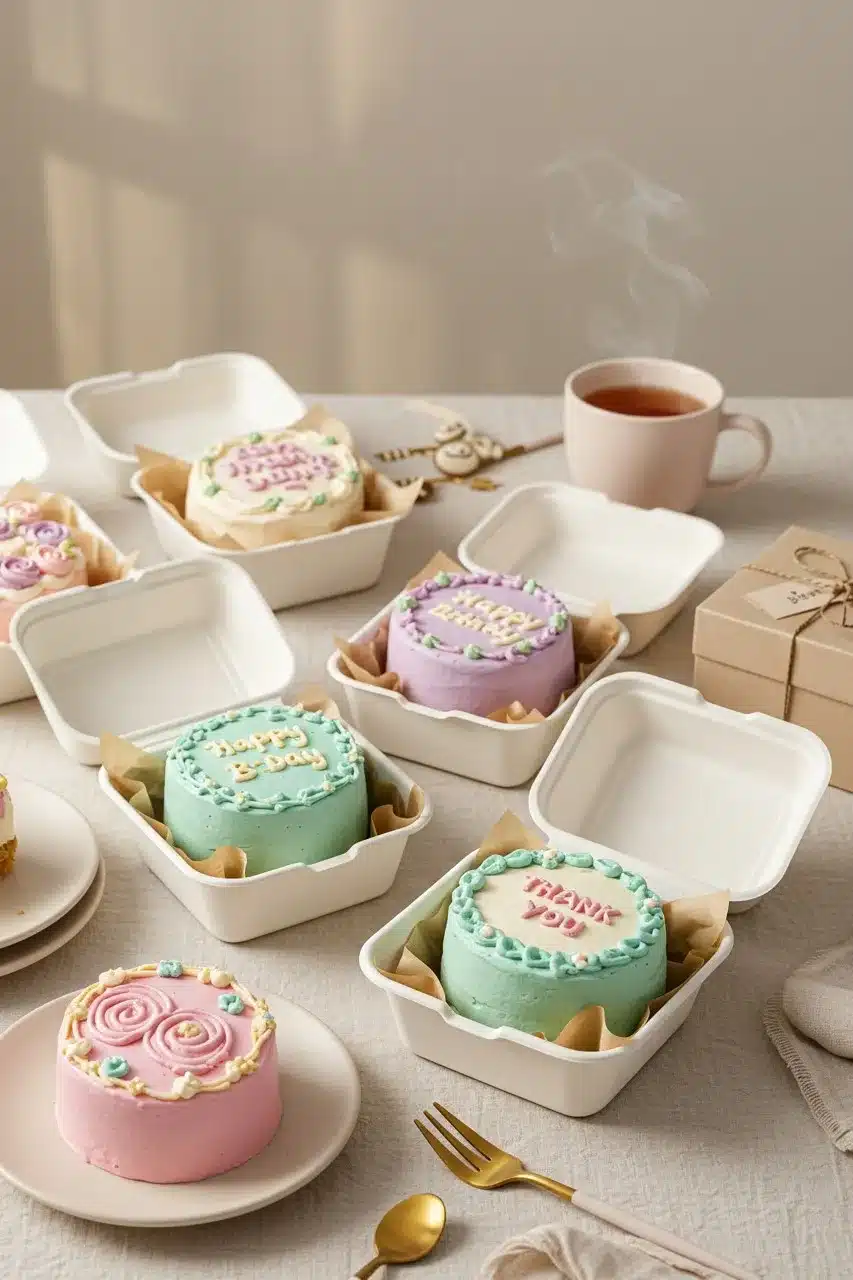 Mini bento cakes in white boxes with pastel decorations