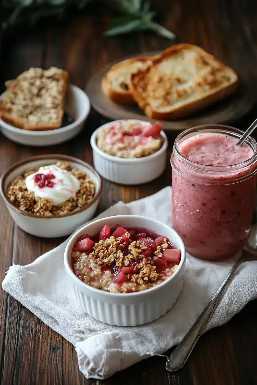 Assorted easy rhubarb recipe breakfast dishes including oatmeal, parfait, toast, and smoothie.