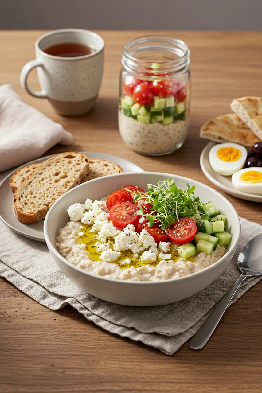 Greek salad overnight oats served with toast, olives, and eggs
