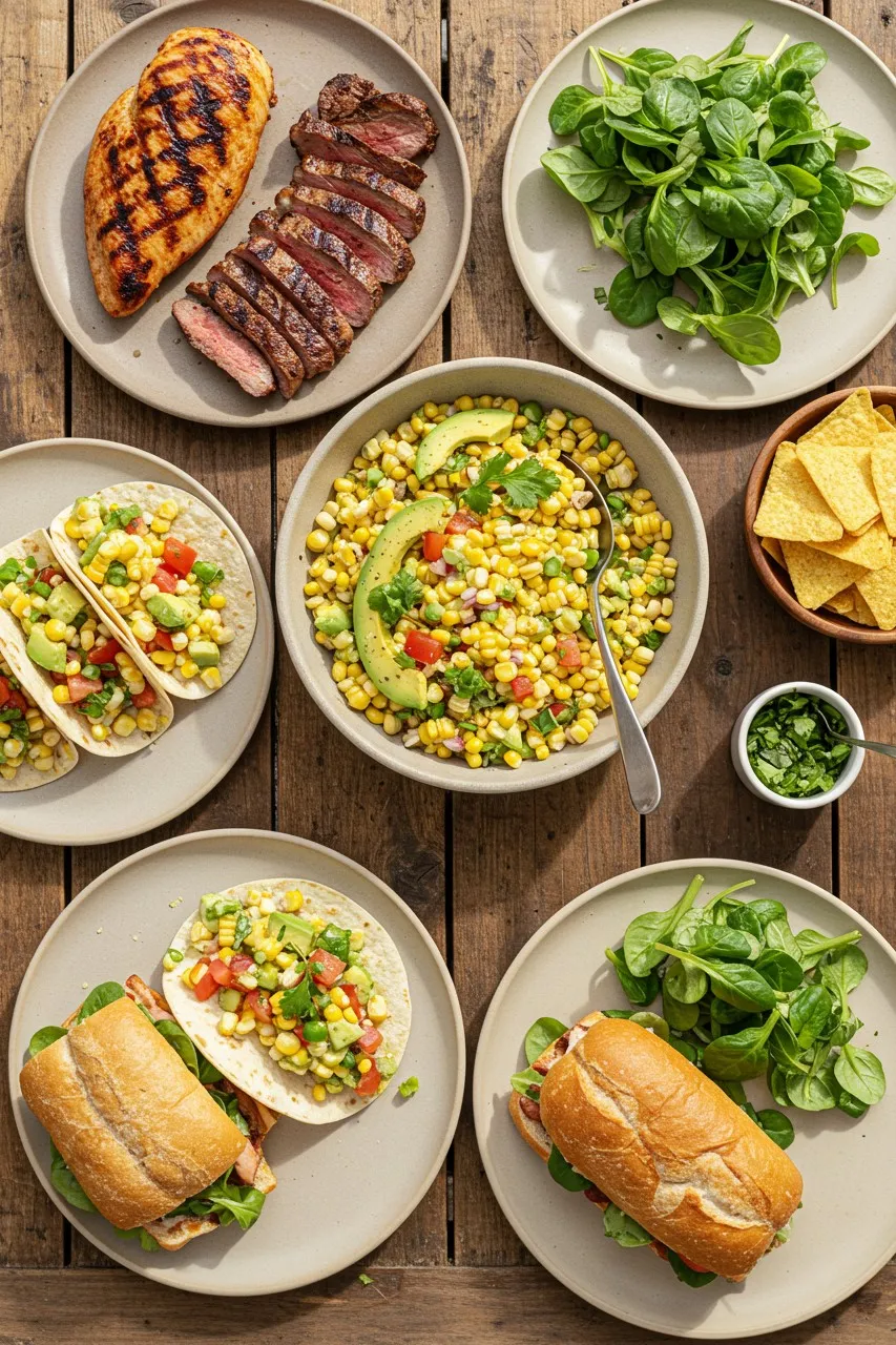 Table with summer corn salad with avocado served alongside grilled meats, tacos, sandwiches, tortilla chips, and greens.