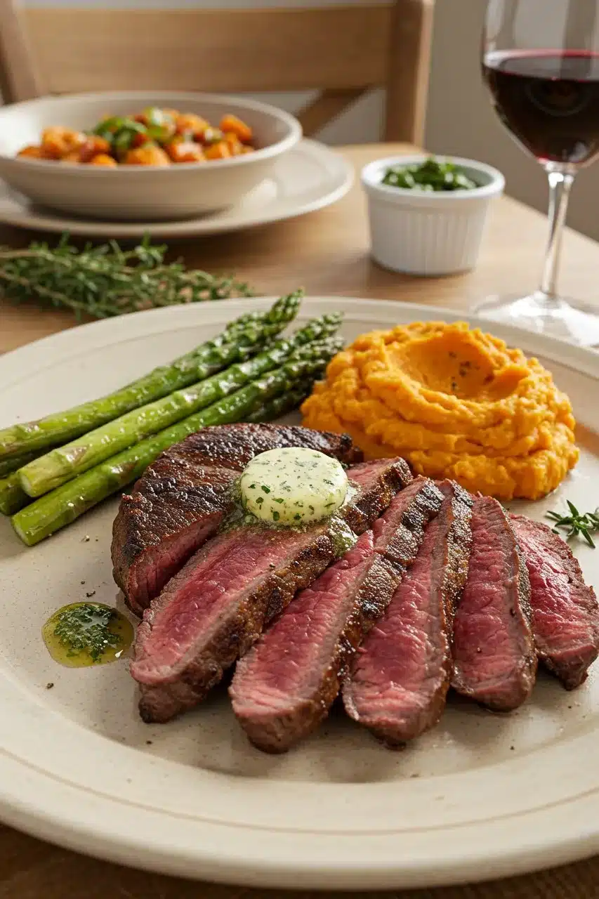 Serving Reverse Sear Steak with Roasted Veggies Reverse sear steak sliced and plated with colorful sides