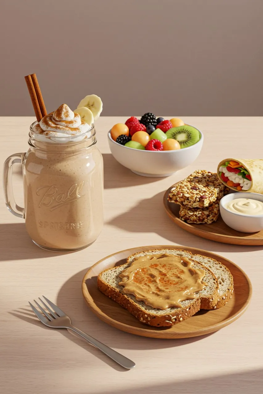 Cinnamon-Bun Protein Shake with toast fruit and granola bar