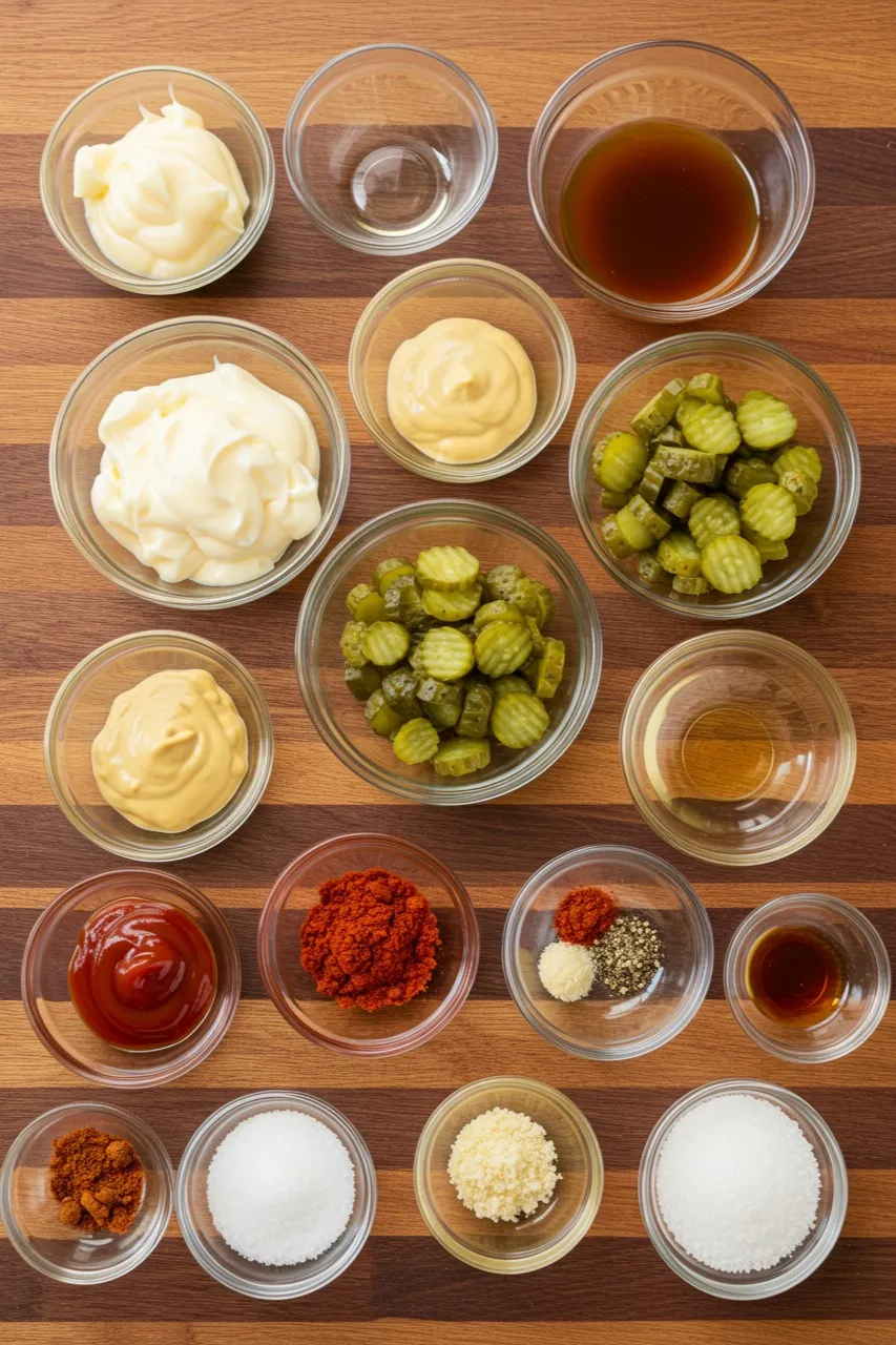 Overhead view of individual ingredients in glass bowls for homemade smash burger sauce on a wooden surface.