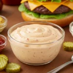 Glass bowl of creamy smash burger sauce surrounded by pickles, condiments, and a cheeseburger in the background.